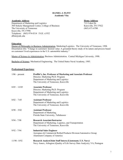 Daniel J Flint Academic Vita Academic Address Home Address