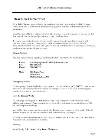 Dear New Homeowner, - DR Horton