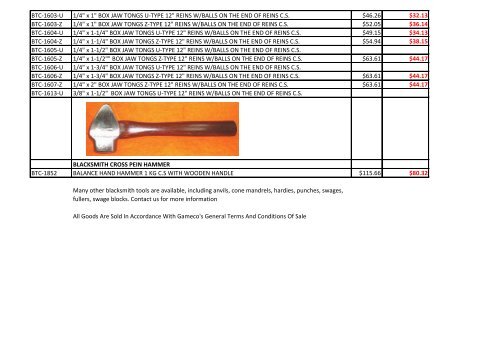 Blacksmith Tools Price List - GAMECO