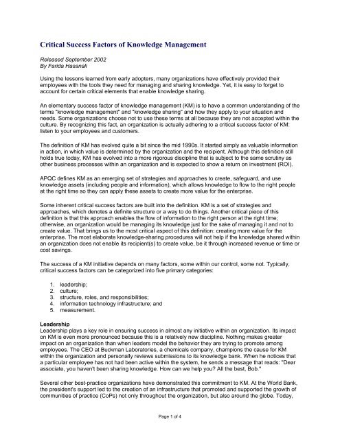 Critical Success Factors of Knowledge Management - www.umuc.edu