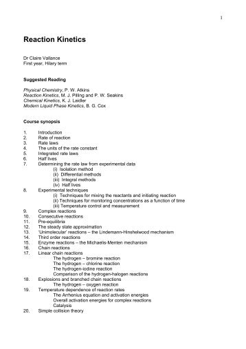 Reaction Kinetics lecture notes - Claire Vallance