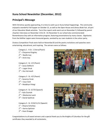 Ituna School Newsletter (December, 2012) Principal's Message