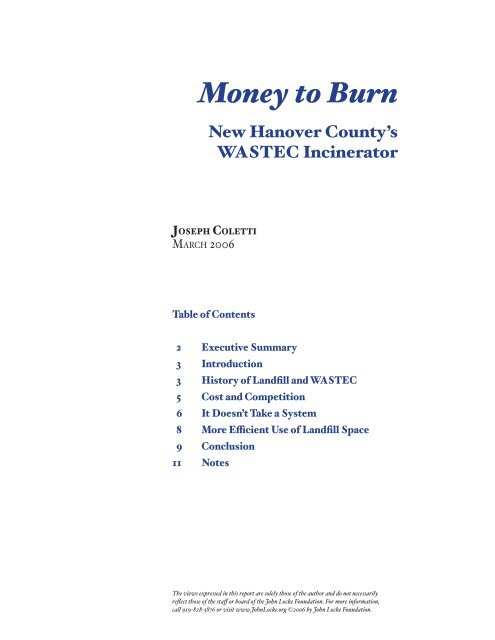 Money to Burn - John Locke Foundation