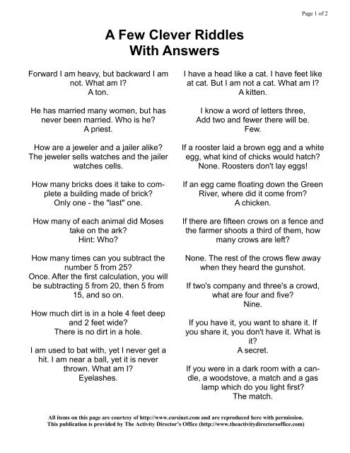 A Few Clever Riddles With the Answers - Activity Director's Office, The