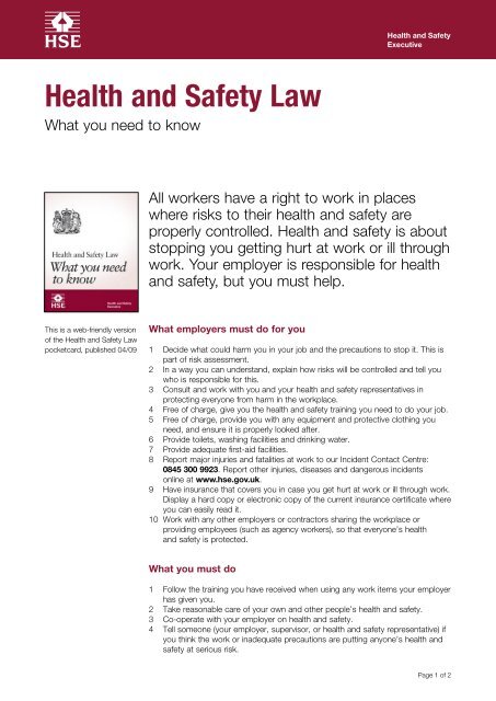 Health and Safety Law What you need to know English HSE