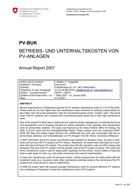 Programm Photovoltaik Ausgabe 2008 ... - Bundesamt für Energie BFE