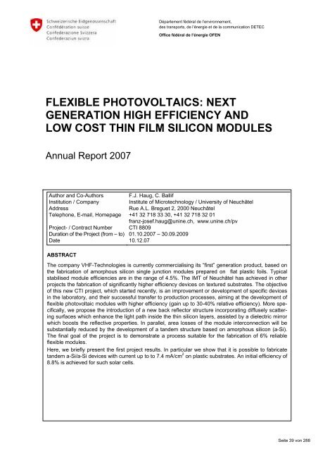 Programm Photovoltaik Ausgabe 2008 ... - Bundesamt für Energie BFE