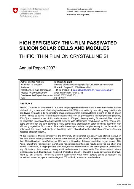 Programm Photovoltaik Ausgabe 2008 ... - Bundesamt für Energie BFE