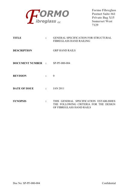 General specifications for handrail system - Formo Fibreglass