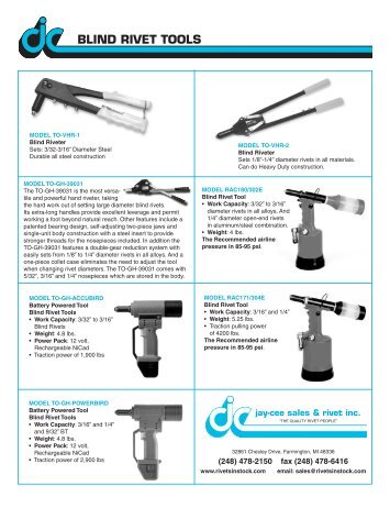 BLIND RIVET TOOLS - Jay-Cee Sales and Rivet