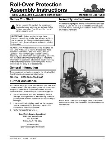 Roll-Over Protection Assembly Instructions - Land Pride