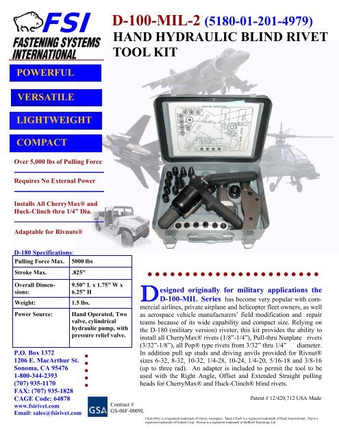 FSI D-100-MIL-2 (5180-01-201-4979) HAND HYDRAULIC ... - Rivet