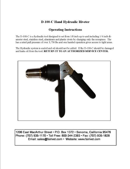 D-100-C Hand Hydraulic Riveter Operating Instructions