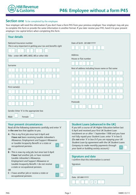 P46(2012) - Employee without a form P45 - HM Revenue & Customs