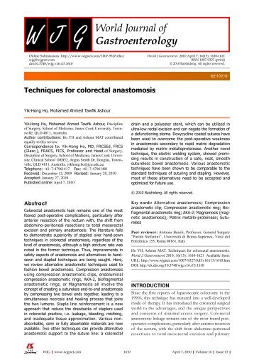 Techniques for colorectal anastomosis - World Journal of ...