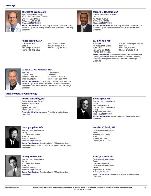 The Valley Hospital Medical Staff Directory - Valley Health System ...