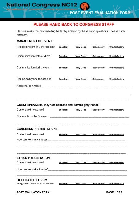 Post Event Evaluation Form Please Hand Back To Congress Staff