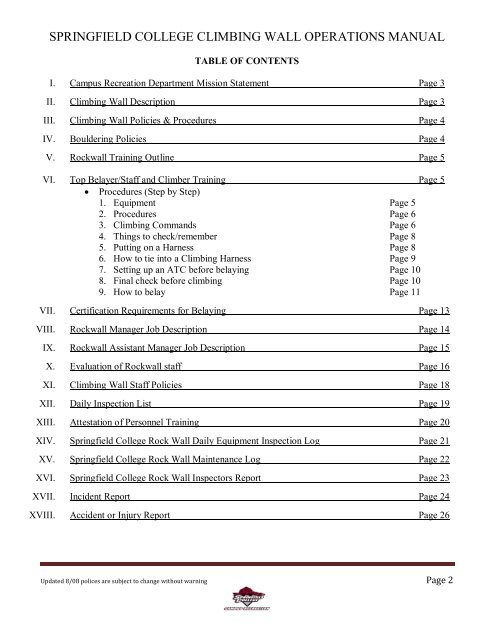 CLIMBING WALL OPERATIONS MANUAL