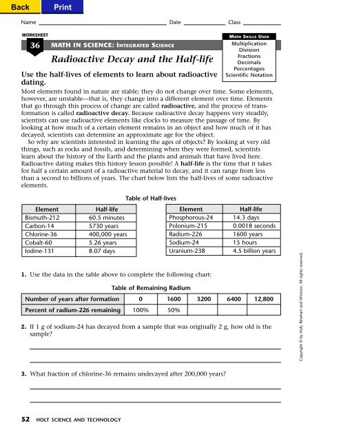 Radioactive Half Life Chart