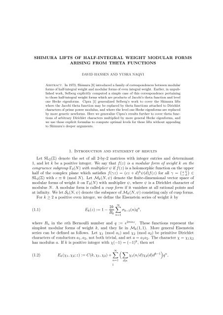 Shimura lifts of half-integral weight modular forms - Department of ...