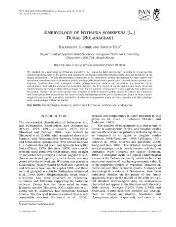 EMBRYOLOGY OF WITHANIA SOMNIFERA (L.) DUNAL ...