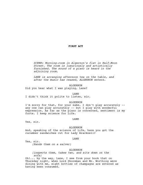 Half Moon Script FIRST ACT SCENE: Morning-room in Algernon's flat in Half-Moon ...