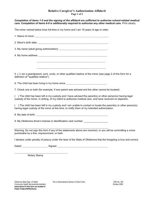 Relative Caregiver S Authorization Affidavit