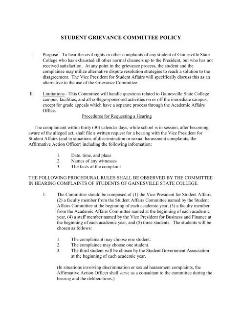 STUDENT GRIEVANCE COMMITTEE POLICY - Gainesville State ...