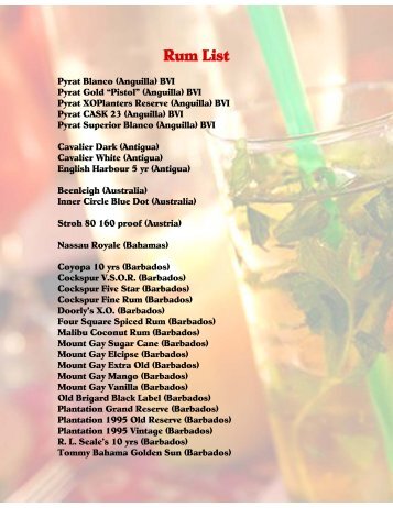 Rum List - Eva's Caribbean Kitchen