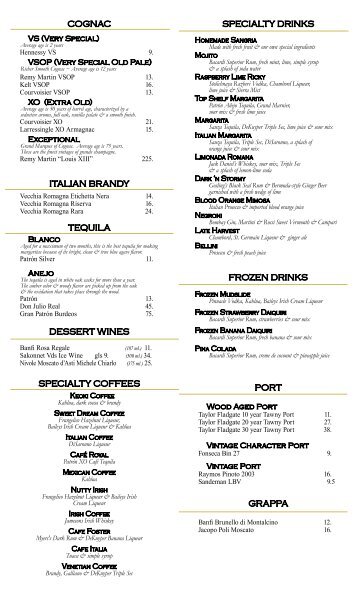 Trattoria Romana Drink & Dessert Menu