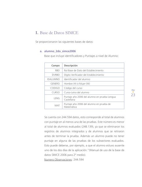 Resultados de la vinculación Prueba SIMCE 2006 y PSU Admisión 2009