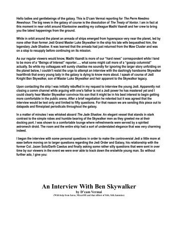 An Interview With Ben Skywalker - New Jedi Order Encyclopedia