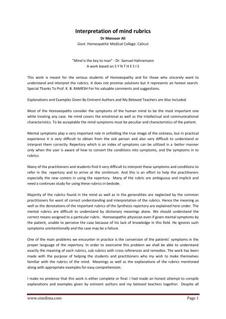 Interpretation Of Mind Rubrics Similima Interpretation Of Mind Rubrics Similima