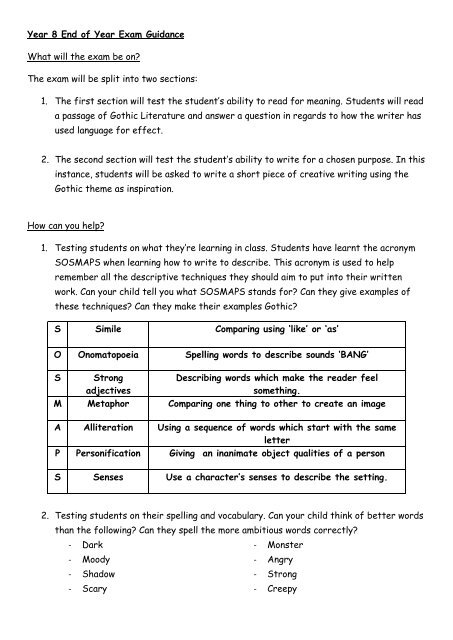 Year 8 English End Of Year Exam Guidance Kingsdown School