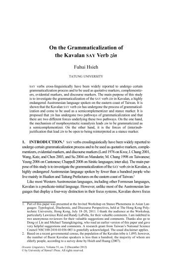 On the Grammaticalization of the Kavalan SAY Verb zin