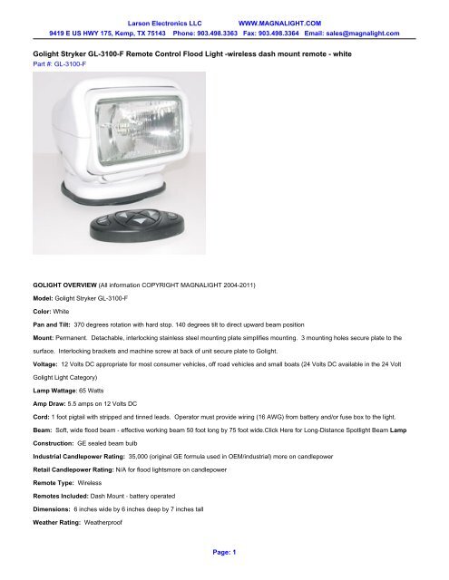 Larson Electronics - Infrared Remote Control LED Spotlight - Permanent  Mount, Weatherproof - Black