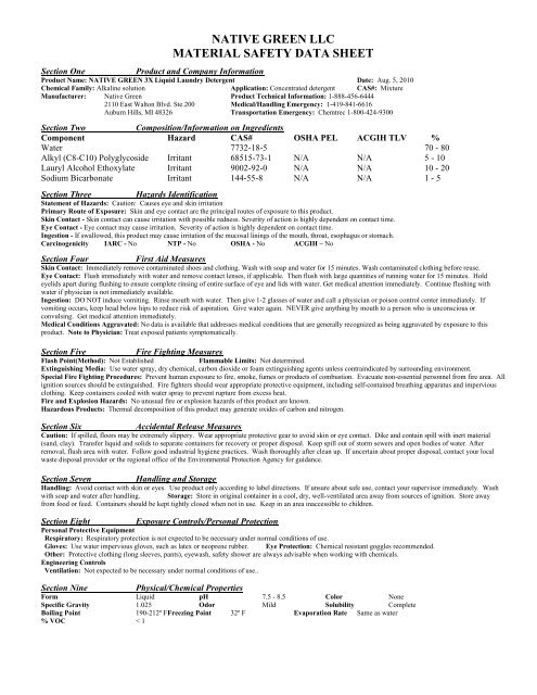 NATIVE GREEN LLC MATERIAL SAFETY DATA SHEET