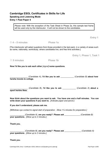 ESOL Skills for Life Speaking & Listening Entry 1 Past Paper 4