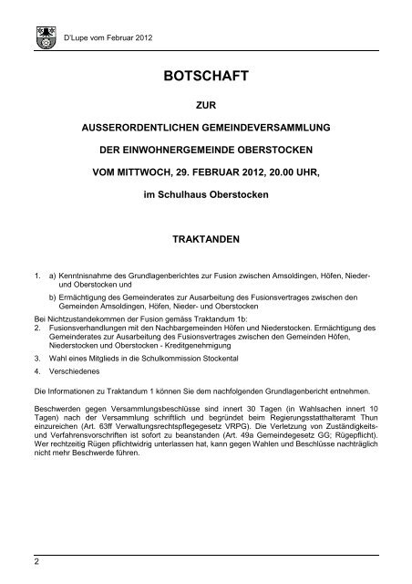 Teilprojekt Finanzen, Steuern, Liegenschaften ... - Oberstocken