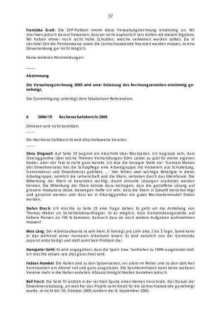 Protokoll des Einwohnerrates - Gemeinde Obersiggenthal