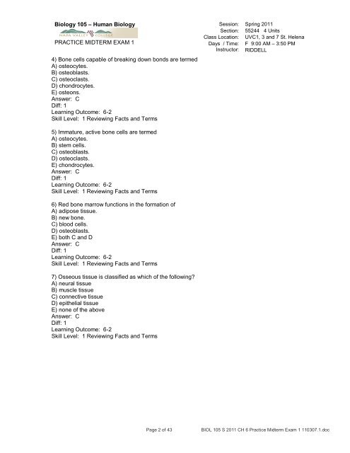 Biology 218 – Human Anatomy - RIDDELL - Napa Valley College