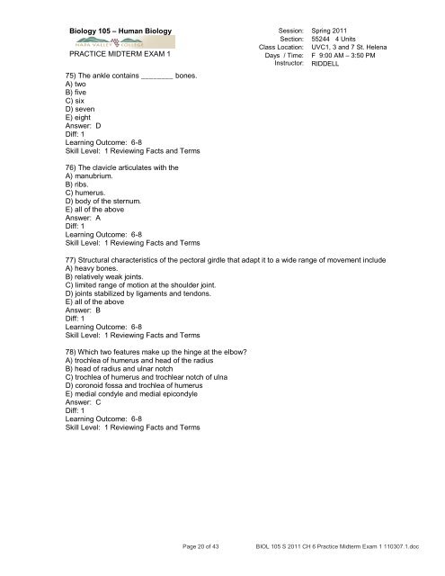 Biology 218 – Human Anatomy - RIDDELL - Napa Valley College