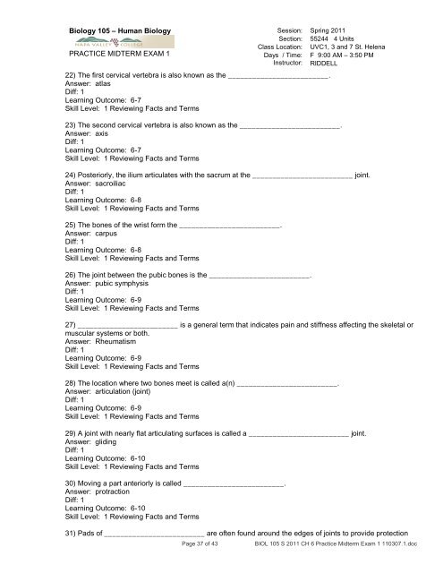 Biology 218 – Human Anatomy - RIDDELL - Napa Valley College