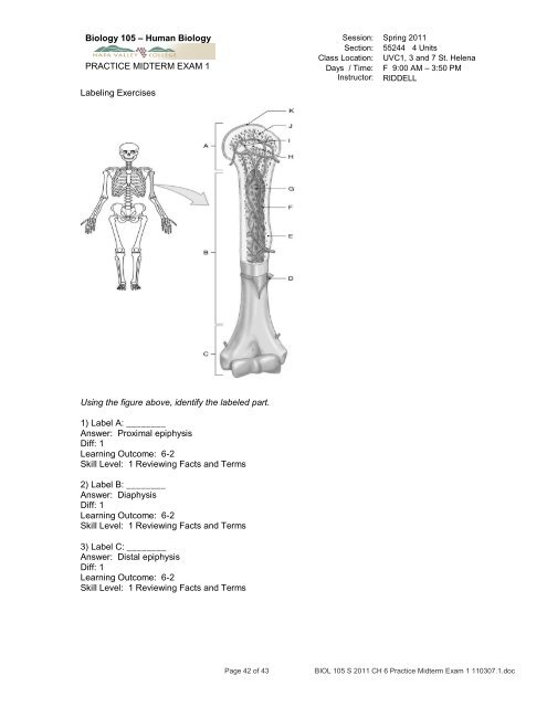 Biology 218 – Human Anatomy - RIDDELL - Napa Valley College