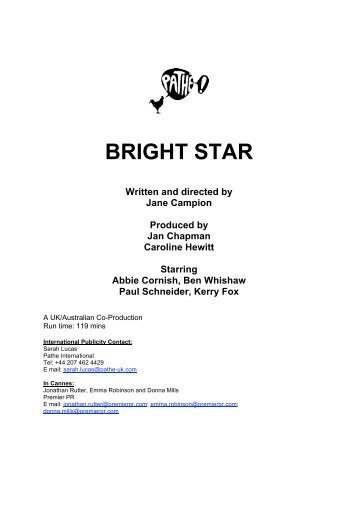 English press kit Bright Star - Festival de Cannes