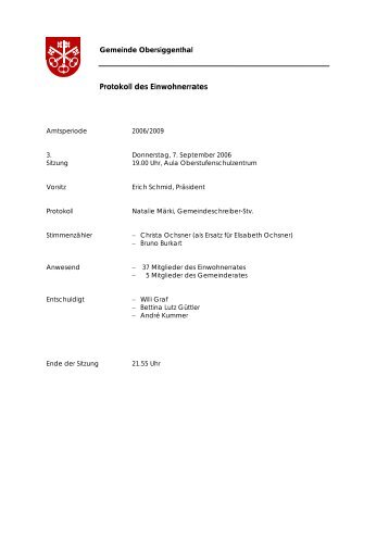 Protokoll des Einwohnerrates - Gemeinde Obersiggenthal