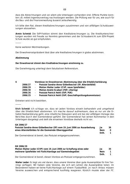Protokoll des Einwohnerrates - Gemeinde Obersiggenthal