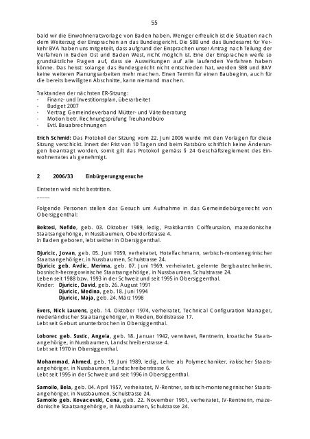 Protokoll des Einwohnerrates - Gemeinde Obersiggenthal