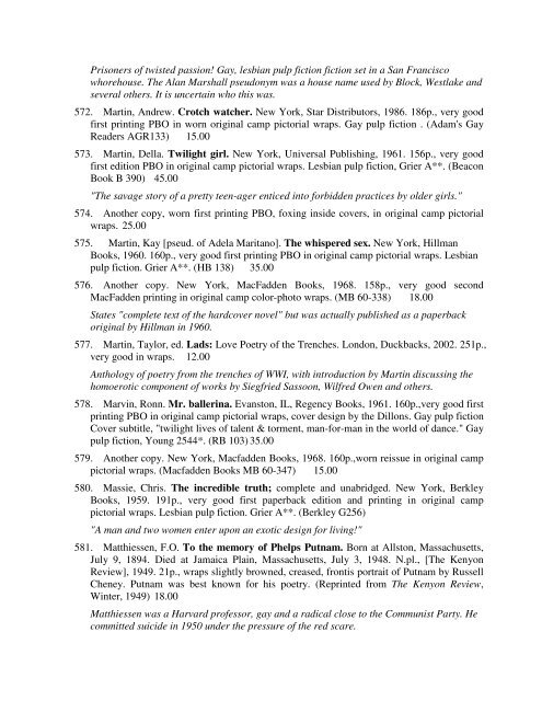 Gay and Lesbian Studies Catalog 47 TERMS: We ... - Bolerium Books