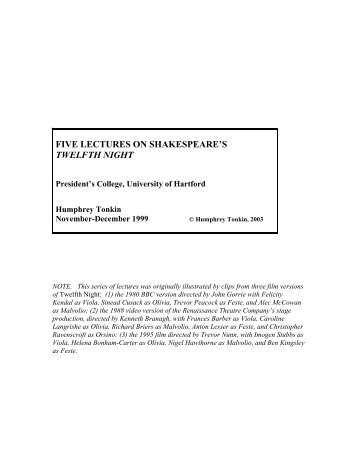 five lectures on shakespeare's twelfth night - University of Hartford's ...